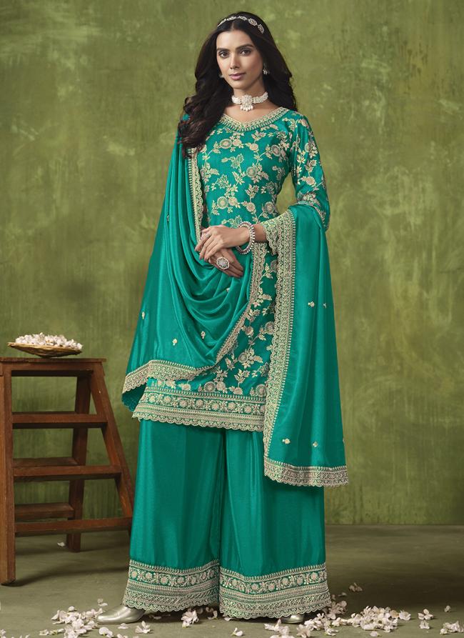 Dola Silk Jacquard Teal Wedding Wear Embroidery Work Plazzo Suit